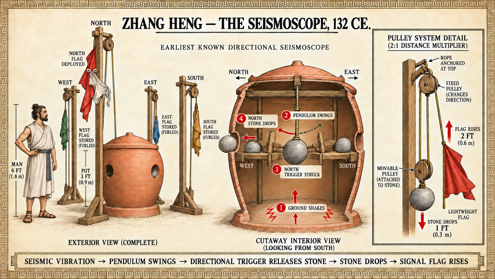 Inventor Spotlight: Zhang Heng — The Seismoscope, 132 CE. Illustrated diagram of the clay-pot tremor detector: exterior view with four directional flags, a cutaway showing the pendulum releasing a stone, and a pulley detail showing how the dropping stone raises the signal flag